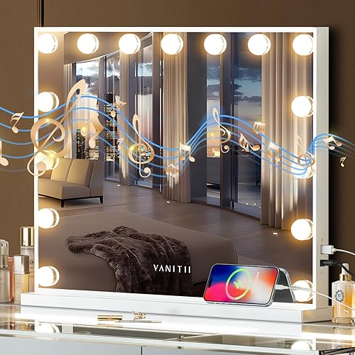 VANITII - Espejo Hollywood con luces, altavoz con carga USB, espejo de maquillaje iluminado con bombillas, 3 modos de iluminación y espejo de