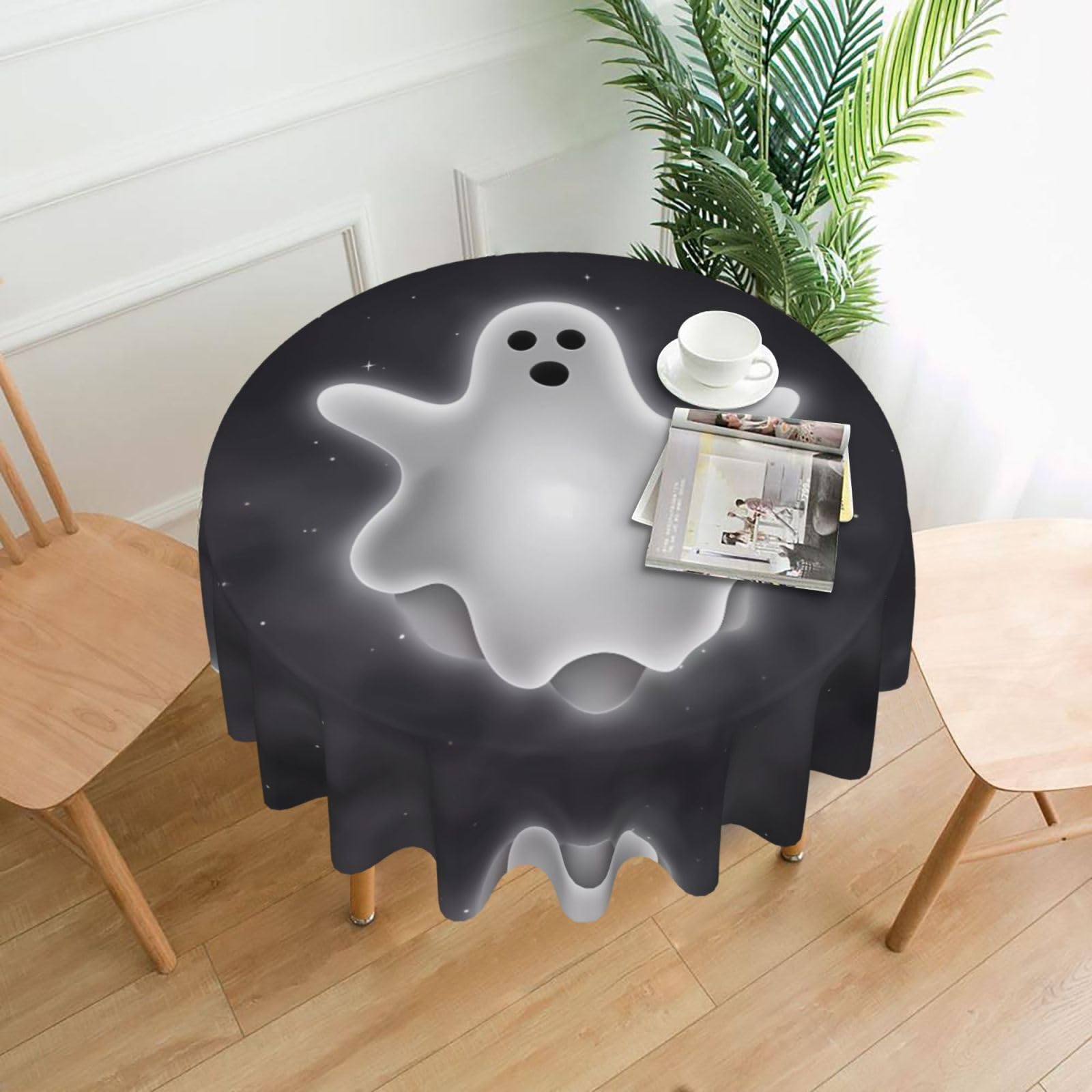 HJFCZH Black and Halloween Ghost Prints Round Decorative Tablecloth 60in - High-Grade Polyester Throw for Dinners, Weddings & Everyday Use