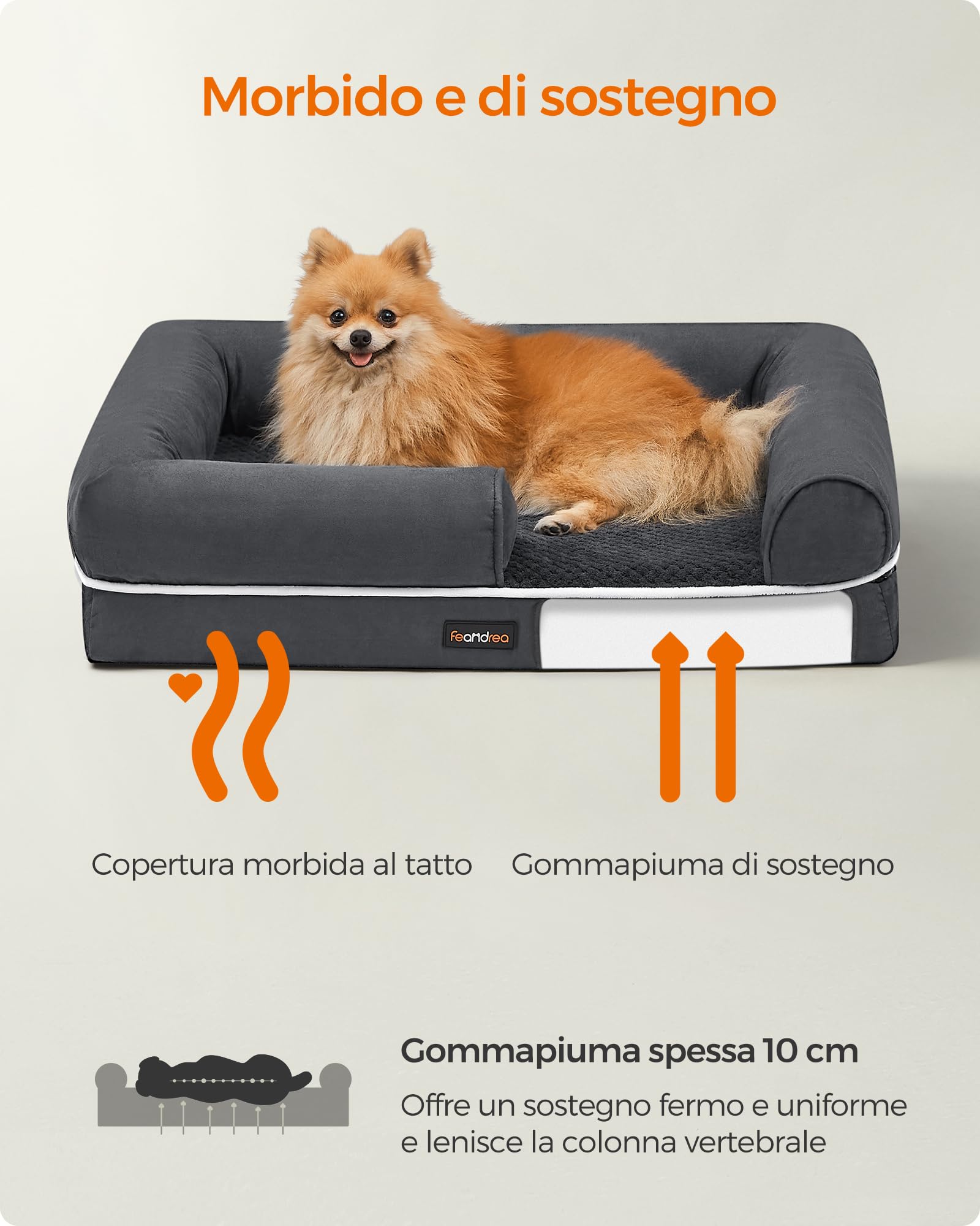 Feandrea Cuccia per Cani Ortopedica, Letto Divano per Animali, Imbottitura Morbida, Bordi Rialzati, Copertura Sfoderabile e Lavabile, 76 x 51 x 18 cm, Fondo Antiscivolo, Grigio Scuro PGW074G01
