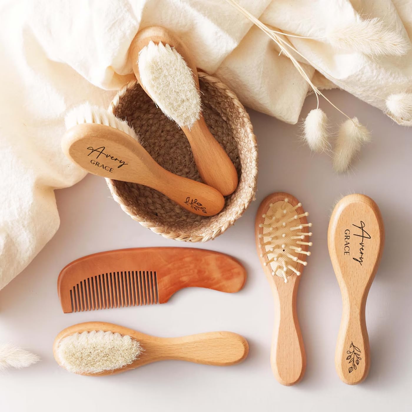 Personalized Baby Brush and Comb Set, Wooden Baby Hairbrush, Engraved Name Brush, Baby Shower, New Mom Gift, Newborn Gift (3-Piece Set)