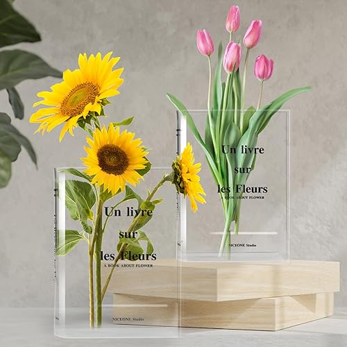 Jarrón de libro de 2 piezas para flores, florero de acrílico transparente, un libro sobre flores, jarrón moderno único para estantería, escritorio,