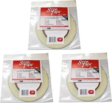 Scor-Tape 1/8" Double-Sided Adhesive Tape, 27 Yards x 3 Rolls, Acid-Free, Ultra-Thin, Perfect for Card Making, Scrapbooking & Paper Crafts, Multi-Pack Value