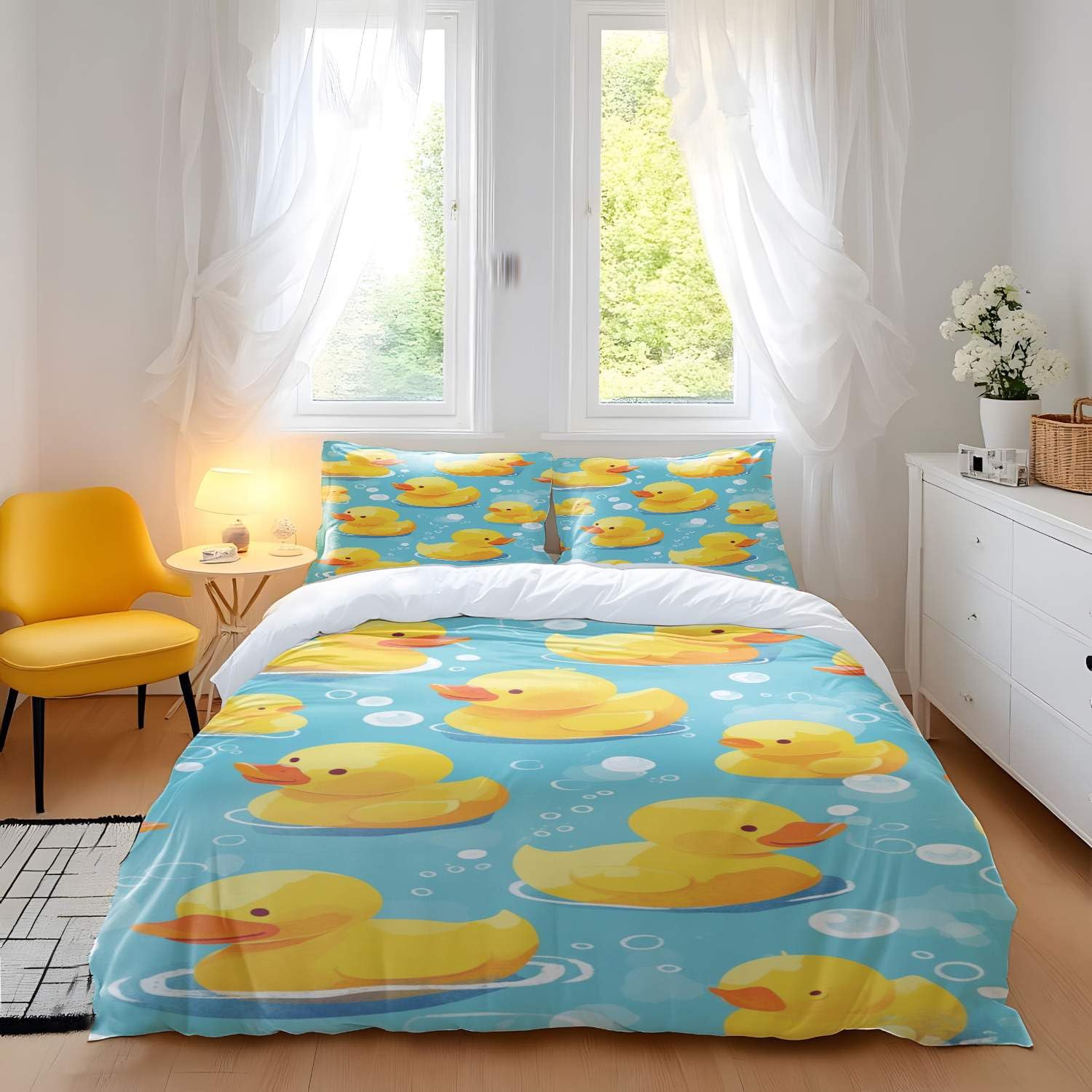 Juego de funda de edredón de pato de goma amarillo, tamaño King, juego de ropa de cama de estilo dibujos animados dibujados a mano, ropa de cama azul para cuna, decoración de habitación de niños