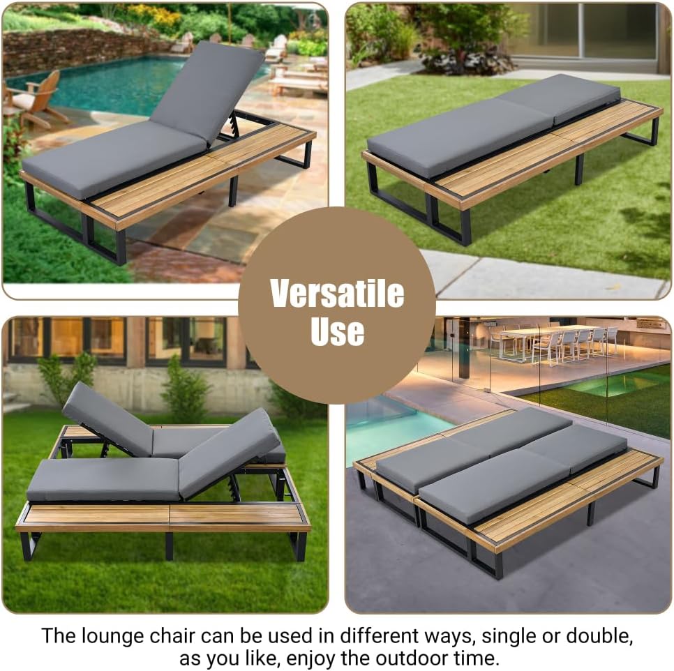 Outdoor Chaise Lounge Chair with 5-Position Adjustable Backrest, Reclining with Cushion, Patio Lounger with Wood Side Table, (Acacia Wood + Gray + Acacia Wood + Iron + Polyester + Yes)
