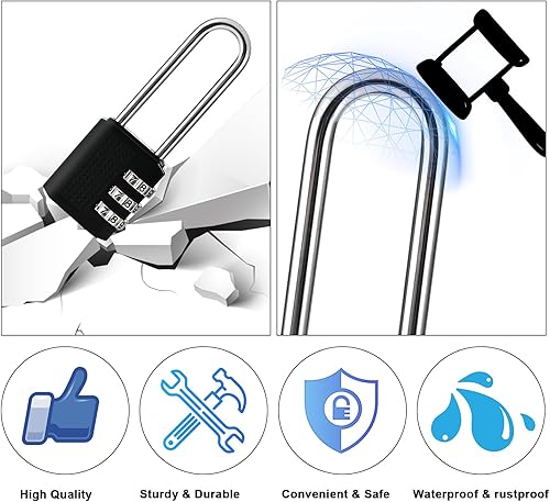 Miniatura 5 de Paquete de 4 cerraduras de combinación pequeña de grillete largo de 2.2 pulgadas, combinación de candado con códigos de 3 dígitos, cerraduras de