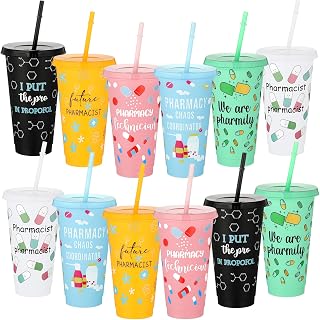12 Pcs National Pharmacy Week Gifts 24 oz Bulk Pharmacist Tumbler with Straw and Lid Pharmacy Appreciation Gifts for Pharmacist Reusable Plastic Water Cups for Office Home Nurse