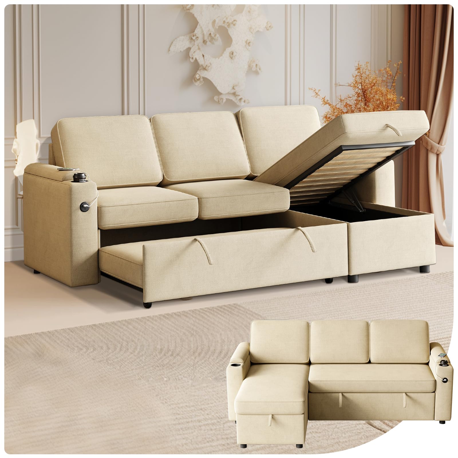 Amazon.com: 85.8"L Shaped Sleeper Sofa Couch,Polyester Pull Out Couch ...