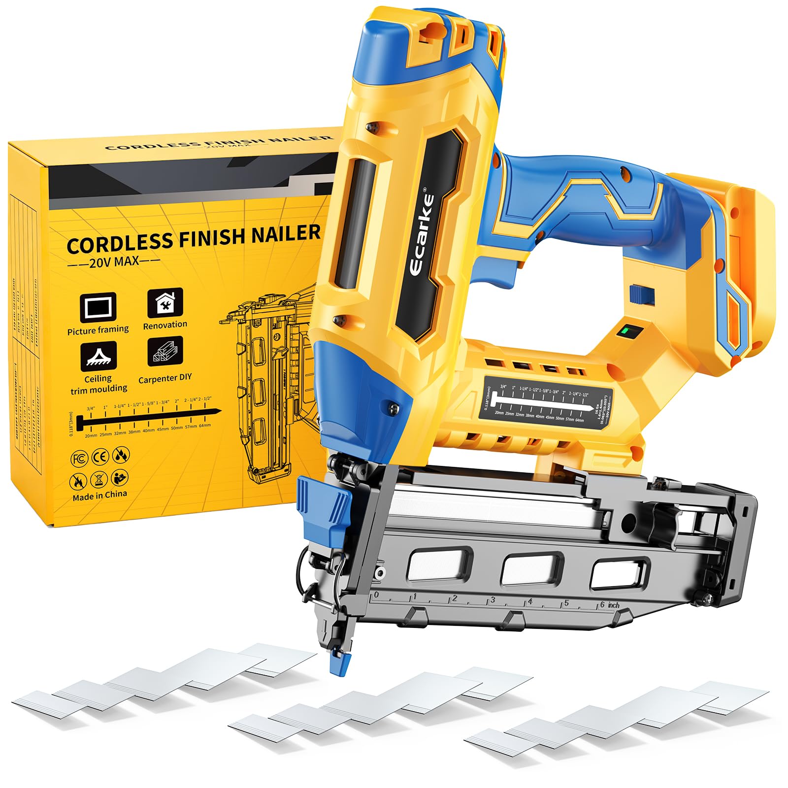 Ecarke Finish Nailer - Clavadora de calibre 16 compatible con batería Dewalt de 20 V, clavadora recta inalámbrica de 3/4 a 2-1/2 pulgadas, ajuste sin herramientas, pistola de clavos de doble modo de
