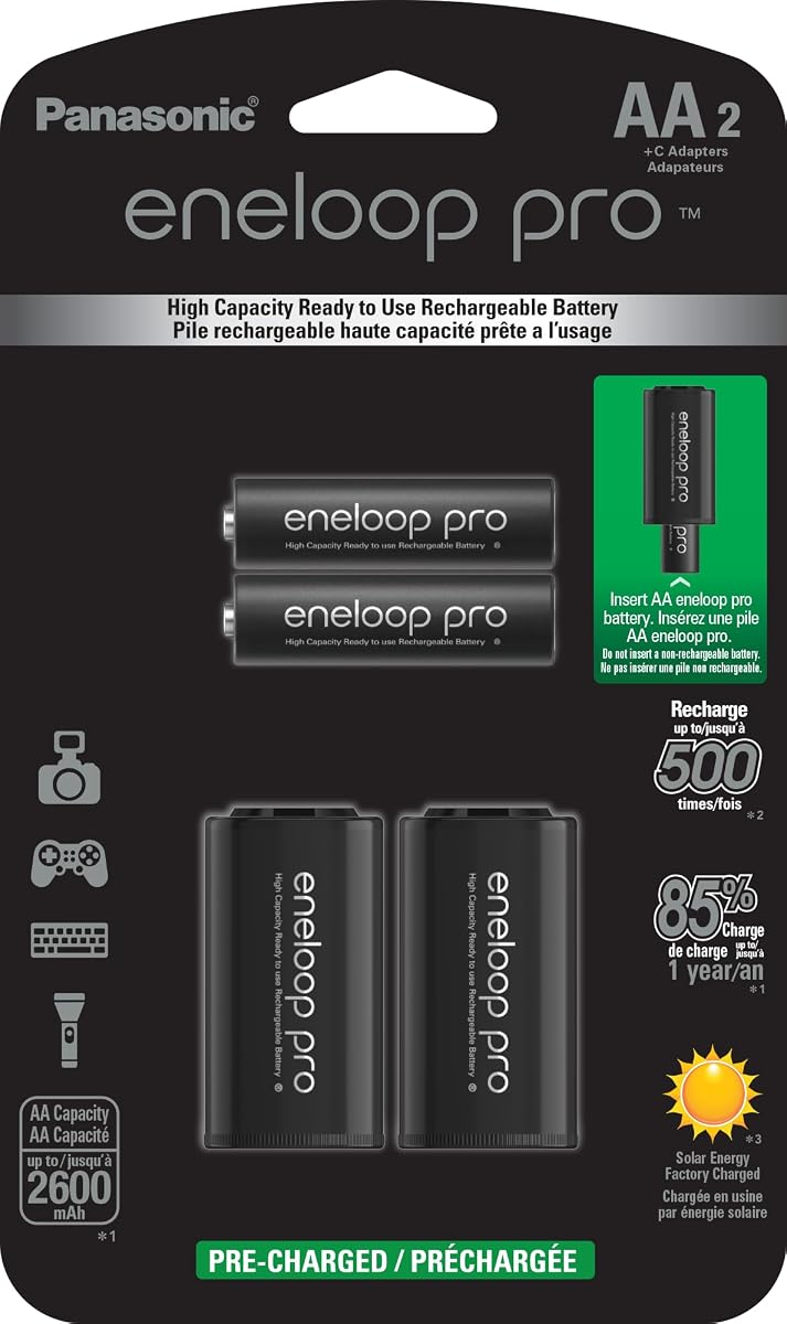 Eneloop Panasonic K-KJS2KHA2BA Adaptadores de batería tamaño C AA 2100 ciclos Ni-MH baterías recargables precargadas, paquete de 2 con 2 adaptadores C