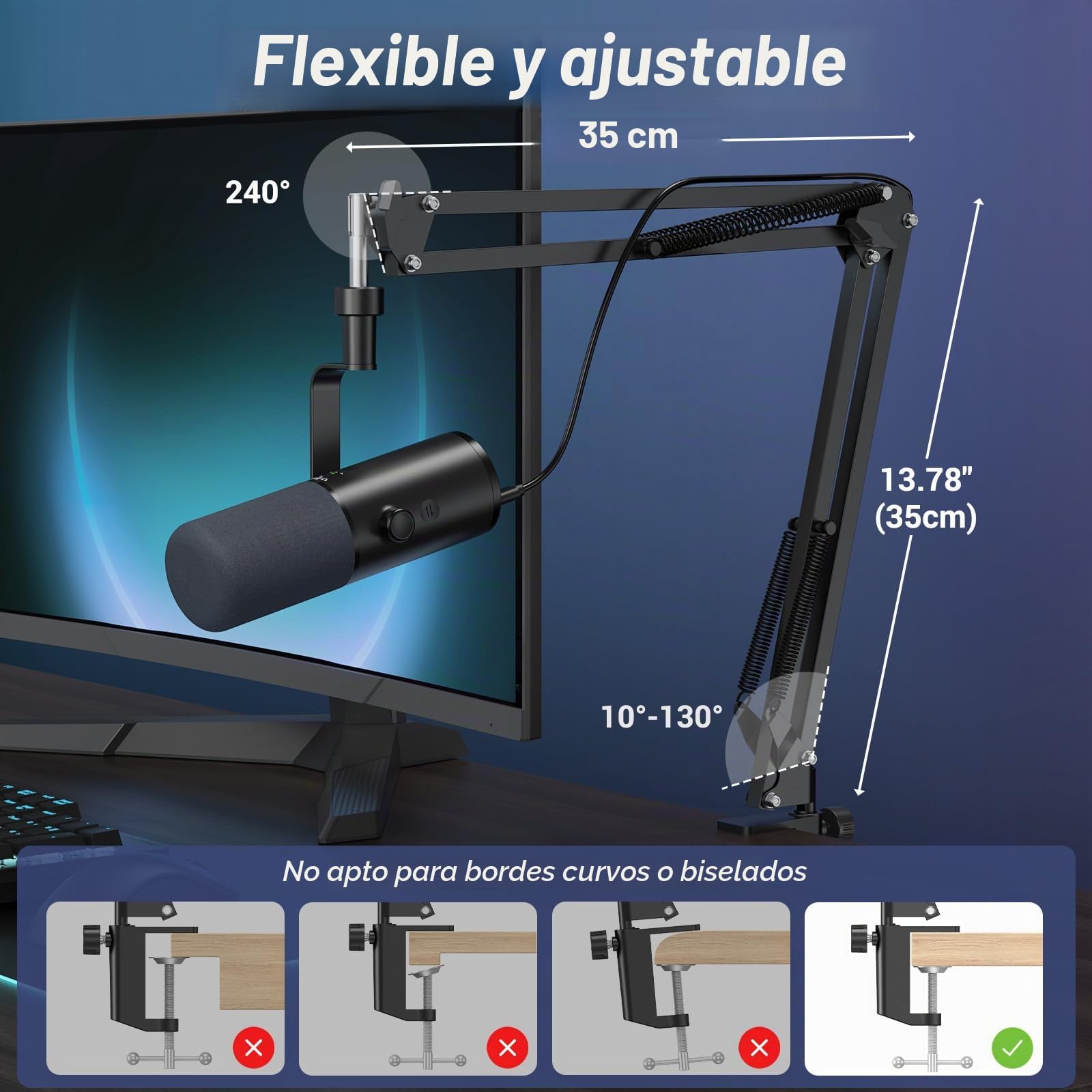 TONOR USB/XLR Microfono Dinámico para Juegos, PC Micrófono Cardioide de Estudio con Brazo Soporte para Podcasting, Streaming, Conector para Auriculares de 3,5 mm y Botón de Silencio, TD510 Air H+