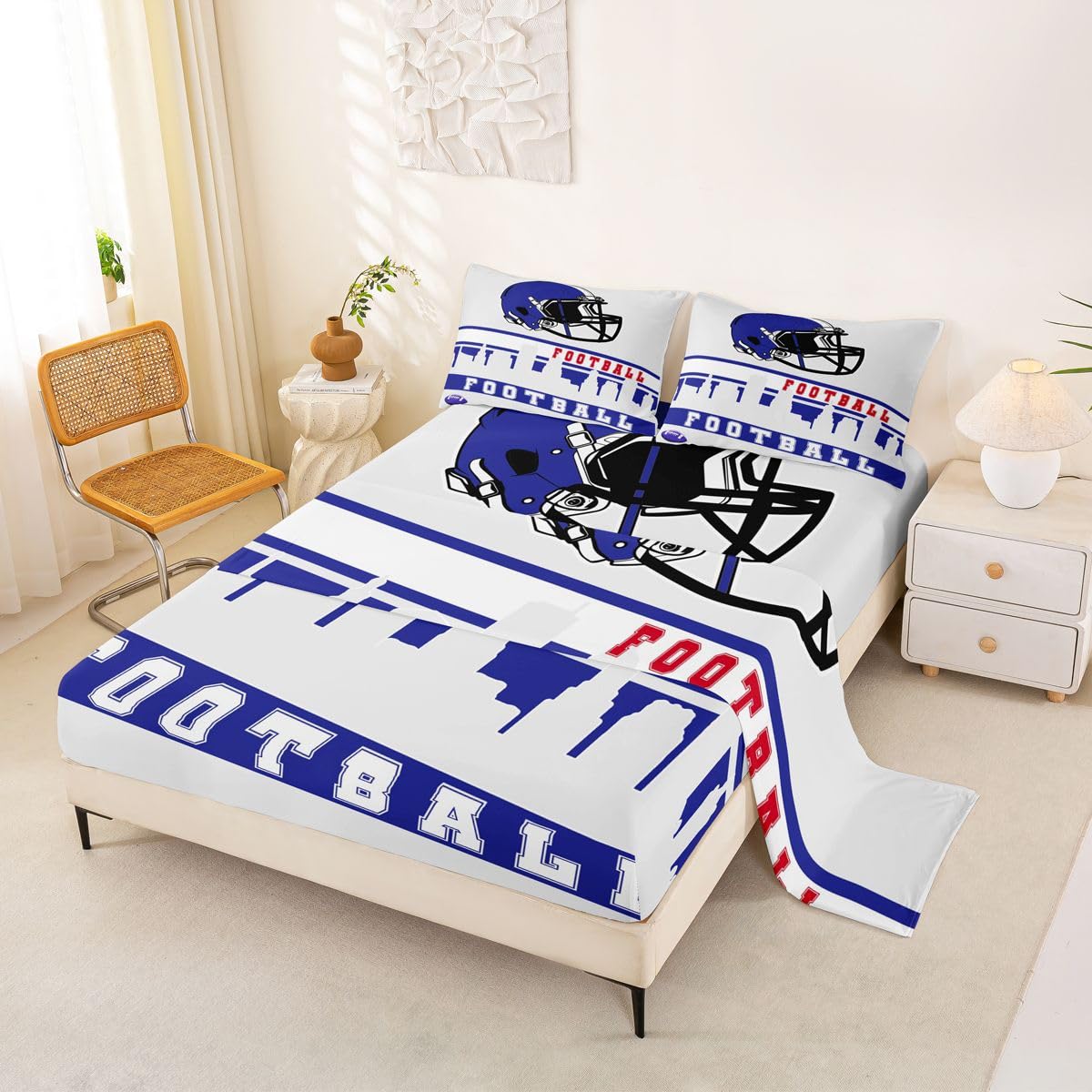 Erosebridal American Football Bed Sheets Set Queen Football City Sheet Set for Kids Blue Grey Football Fans Sheets