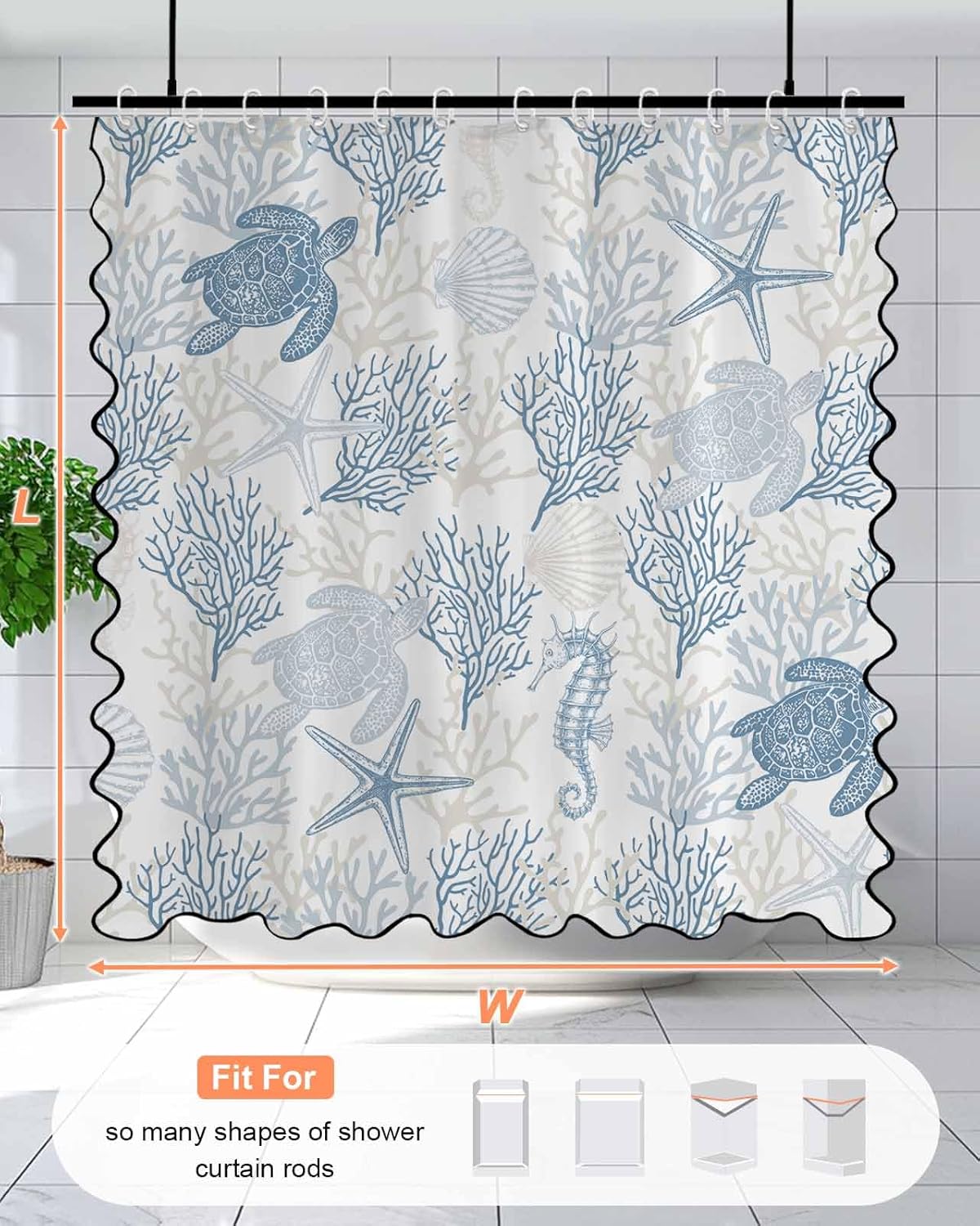 Ocean Light Blue Scalloped Shower Curtain Boho Cute Aesthetic Shower Curtain with Black Border Edge Waterproof Fabric Summer Coral Sea Turtle Seahorse Starfish Bathroom Curtain Decor 48 W x 72 L