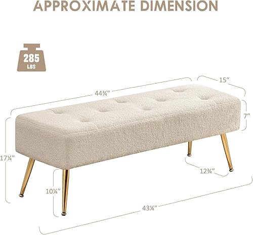 Vista 3 de Furniliving 44 Inch Modern Ottoman Bench, Upholstered Faux Fur Fabric Entryway Benches with Gold Metal Frame for Living Room Vintage Indoor Benches