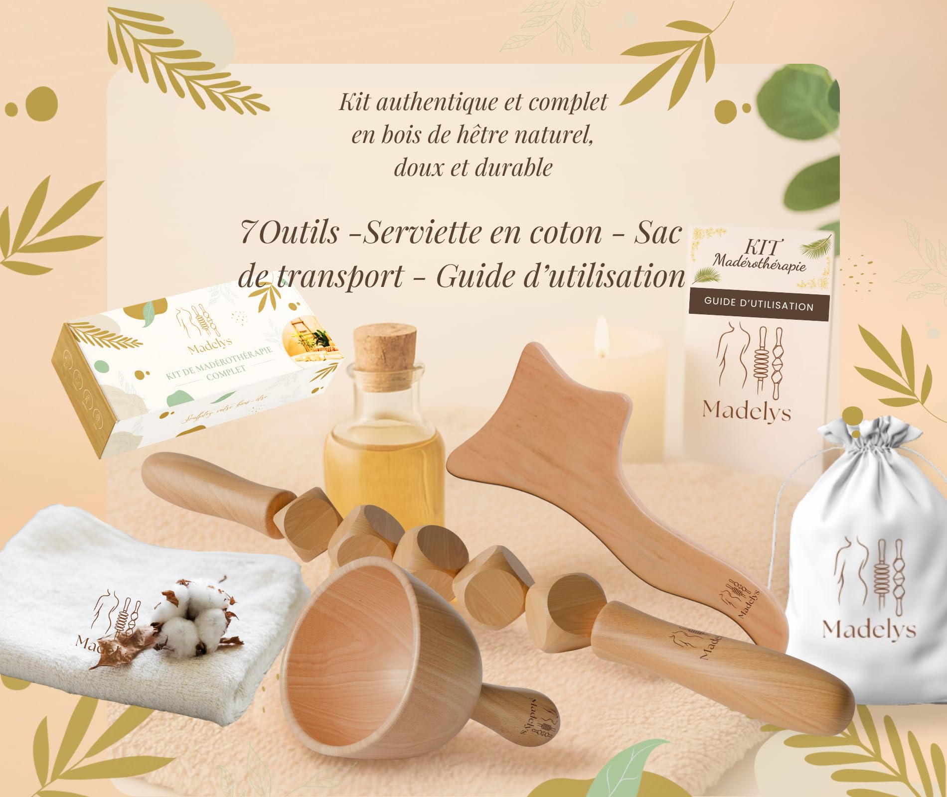 Kit Maderotherapie Complet Corps Cellulite – Outils de Massage en Bois de Hêtre Certifié FSC | Anti-Cellulite, Drainage Lymphatique, Ventre Plat | Wood Therapy Premium MADELYS®