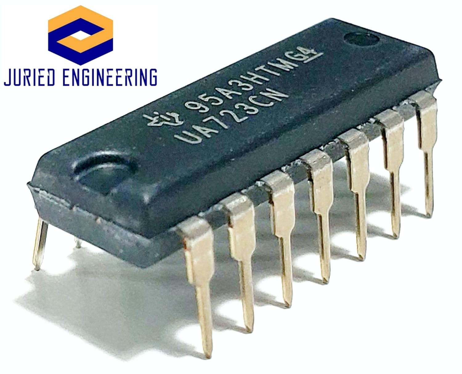 Side view of the UA723CN integrated circuit, clearly showing the 14 pins extending from the package.