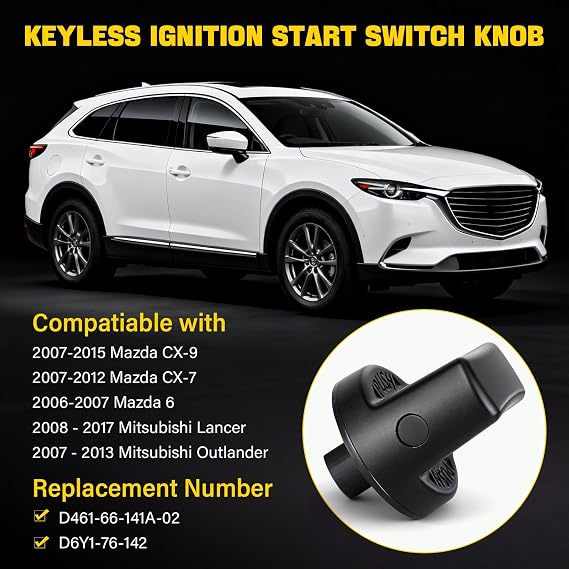 Ignition Key Knob & Push Start Button Replacement for 2007-2015 Mazda CX-9, 2006-2007 Mazda 6, 2007-2011 CX7 Replaces D461-66-141A-02, D6Y1-76-142 Keyless Ignition Switch Cover Set