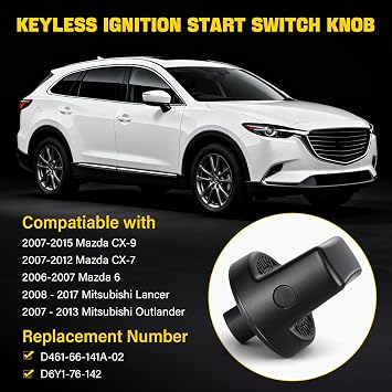 Ignition Key Knob & Push Start Button Replacement for 2007-2015 Mazda CX-9, 2006-2007 Mazda 6, 2007-2011 CX7 Replaces D461-66-141A-02, D6Y1-76-142 Keyless Ignition Switch Cover Set