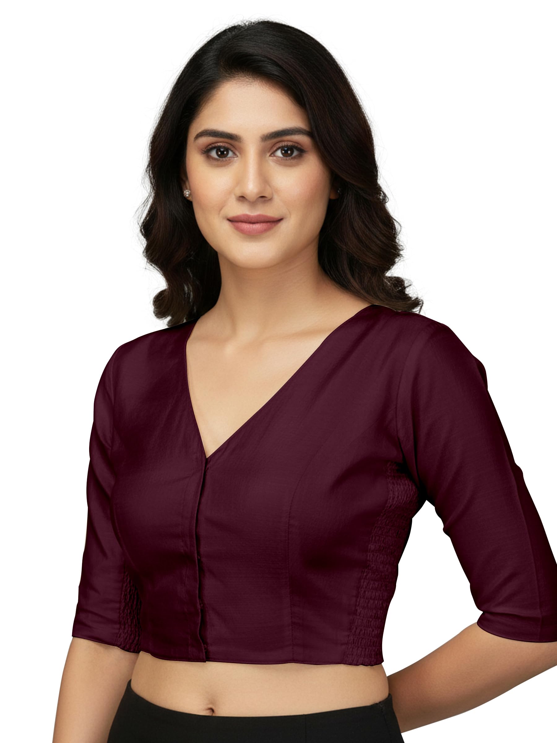 mehrang V-Neck Taffeta 3/4 Sleeves, Front Hook Closure with Smocked Side Panel, Full Back Covered Readymade Saree Blouse for Women-picture-18