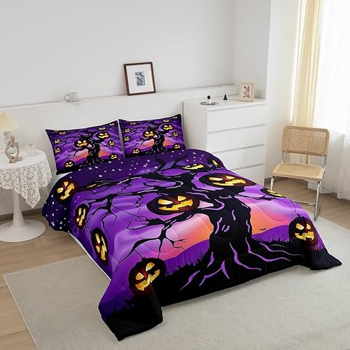 Miniatura 8 de Erosebridal Juego de edredón de Halloween, juego de ropa de cama de calabaza para niños, lindo relleno de edredón de castillo fantasma, edredón de