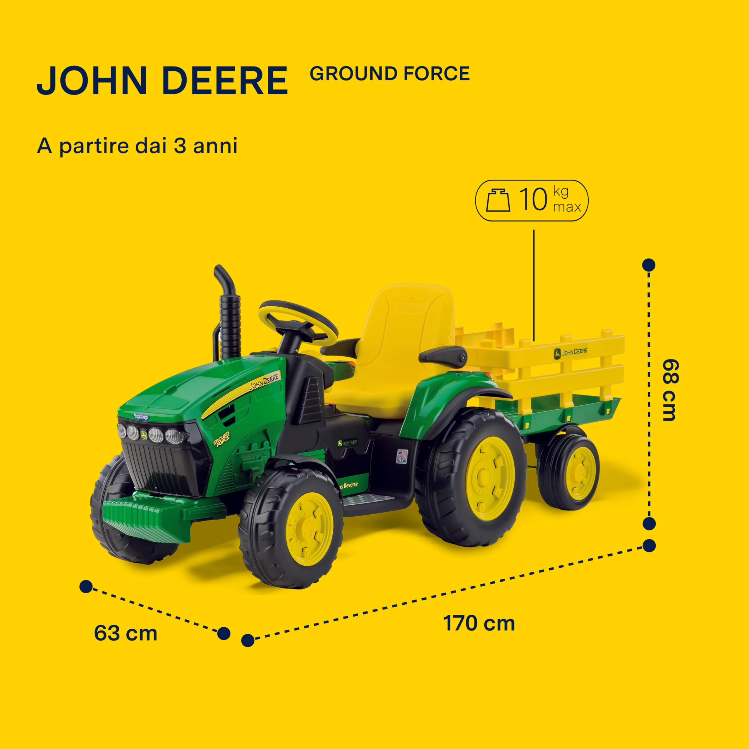 PEG John Deere Ground Force - Trattore Elettrico Cavalcabile per Bambini 3+ Anni con Batteria Ricaricabile 12V, Rimorchio Incluso e Radio FM