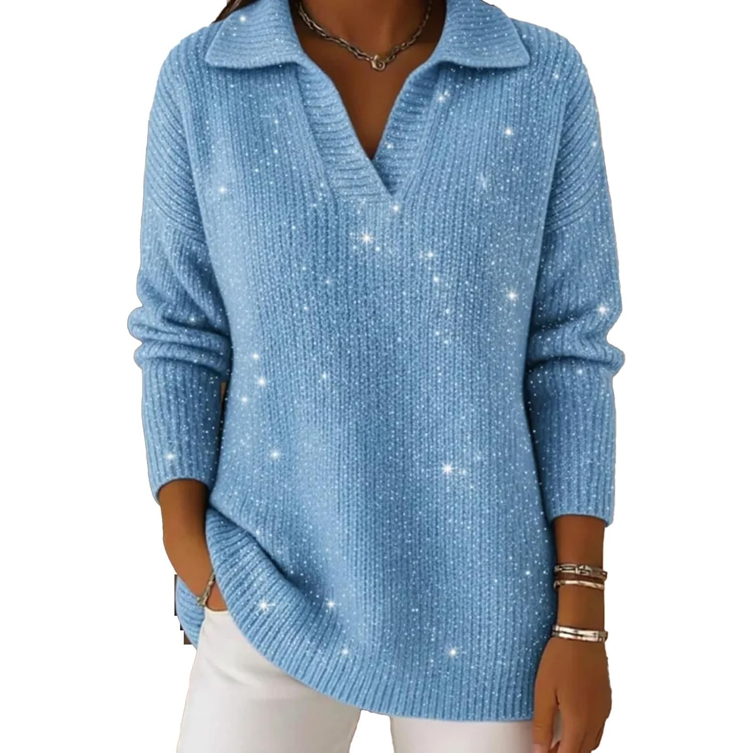 Christmas Party Polo Collar Shiny Loose Sweater Top Womens Elegant V Neck Long-Sleeved Sparkly Pullover Sweater