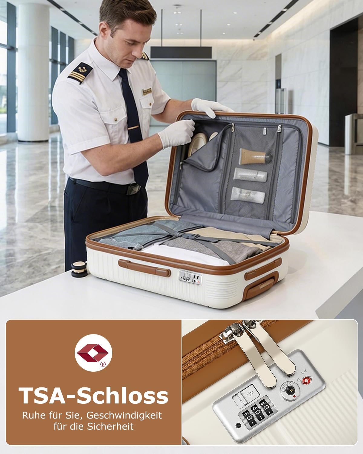 British Traveller Reisekoffer Groß Koffer Trolleys Groß Hartschalenkoffer 100% PP Handgepäck Koffer mit 8 Spinnerräder Rollkoffer 76 * 49.2 * 31cm Suitcase TSA-Schloss Neu Beige