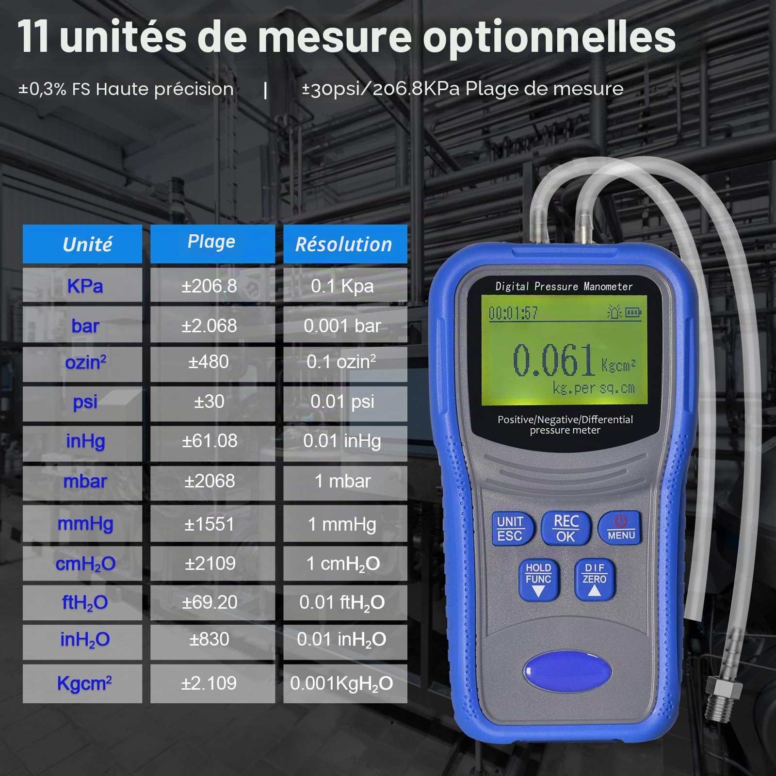 Manomètre Différentiel Numérique ±206.8KPa, Kethvoz Testeur de Pression de Gaz à Deux Ports Mesure de Pression Positive/Négative/Différentielle, avec Fonction d'alerte de Surpression, pour VMC System
