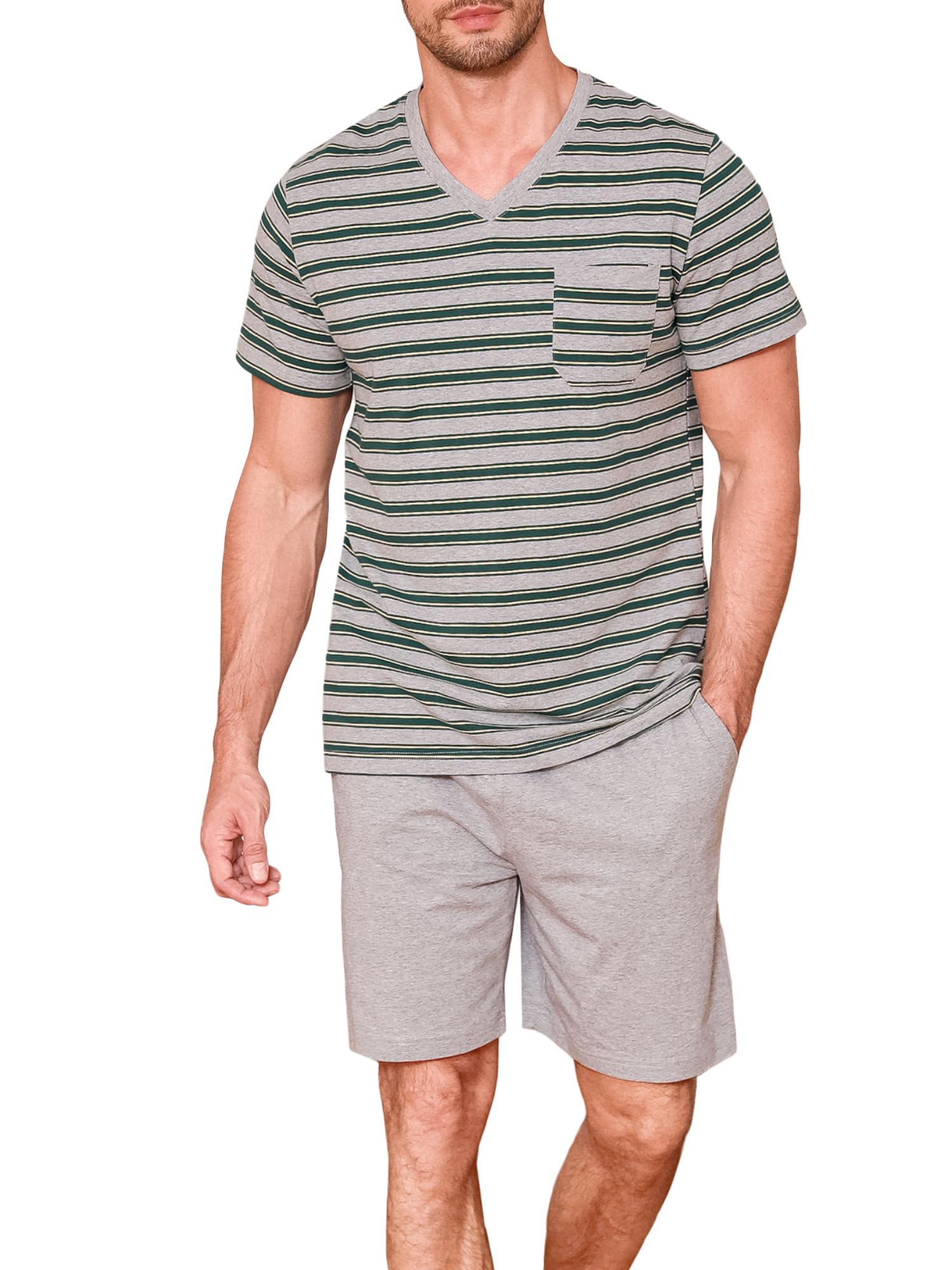 Winovia Schlafanzug Herren Kurz - Sommer Pyjama Set aus Baumwolle - Gestreifte Nachtwäsche mit V-Ausschnitt & Brusttasche - Weiche Homewear Shorty für Männer