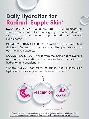 Miniatura 6 de NeoCell Cápsulas de ácido hialurónico, lubricante esencial, apoya la hidratación de tejidos, sin gluten, 60 unidades, 1 botella