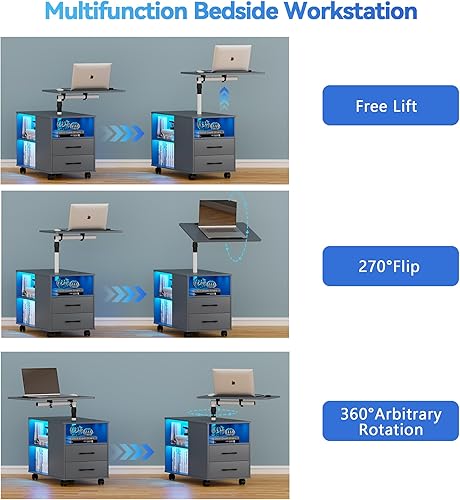Miniatura 41 de HNEBC Mesita de noche con estación de carga inalámbrica, la mesita de noche LED tiene una estación de trabajo giratoria ajustable, mesita de noche 1