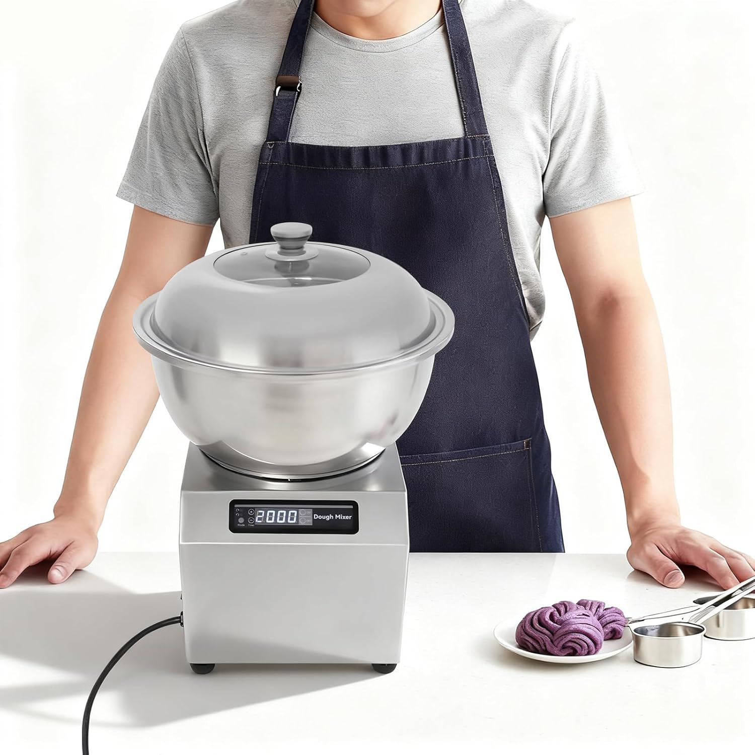 Commercial Spiral Dough Mixer 8KG/17.6LBS, 1500W 1400rpm Electric Spiral Kneader with Dual Rotation, Heavy Duty Dough Maker with Timer and Glass Lid for Bakery Restaurant Pizza Bread