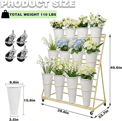 Miniatura 2 de Soporte de exhibición de flores de 3 niveles con 12 cubos, carrito de plantas de flores de metal resistente con ruedas, barra de flores de gran