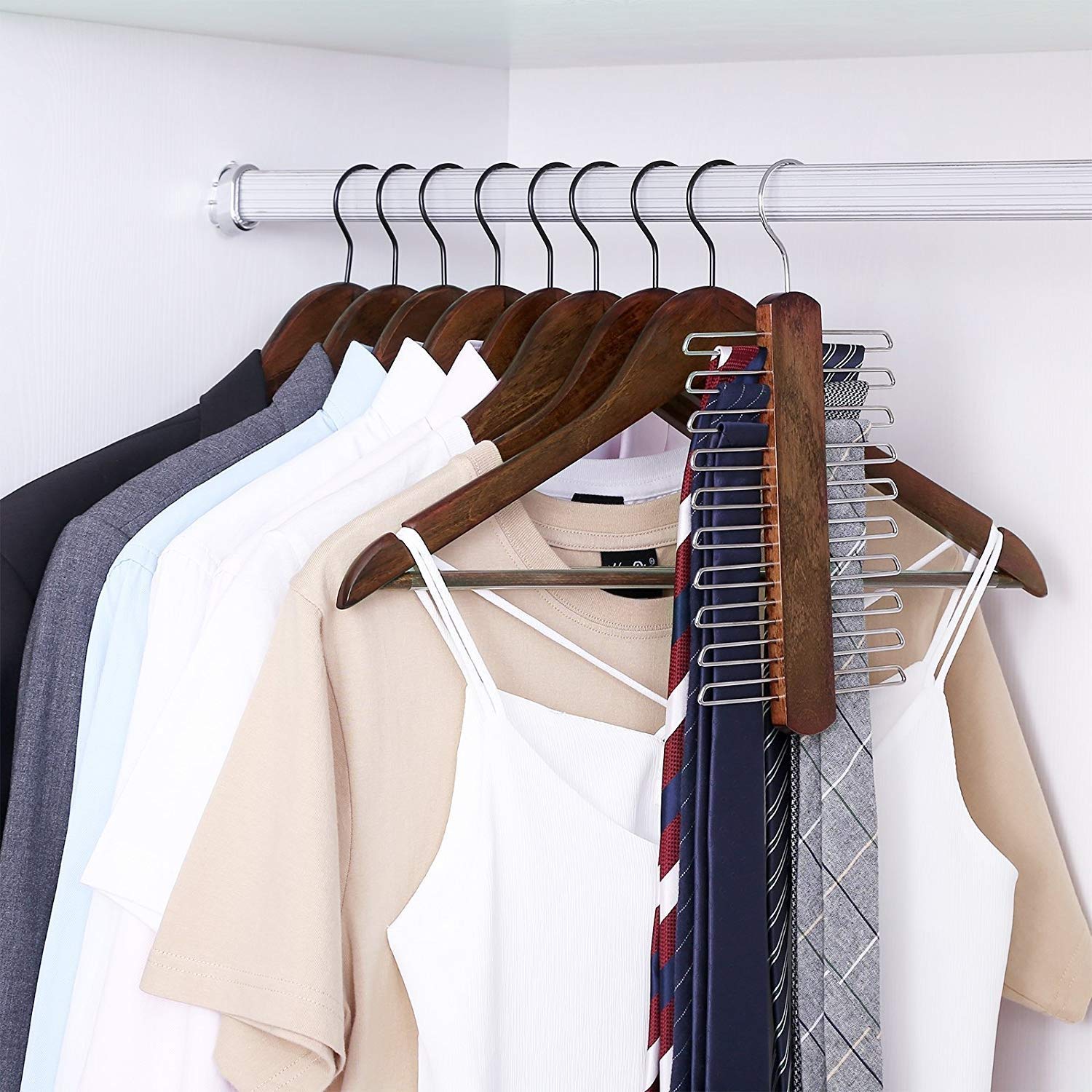 ginoya brothers Walnut Wooden Suit Hangers - Premium Wood With Notches & Chrome Swivel Hook For Dress Clothes, Coats, Jackets, Pants, Shirts, Skirts Hanger (10 Count) 4