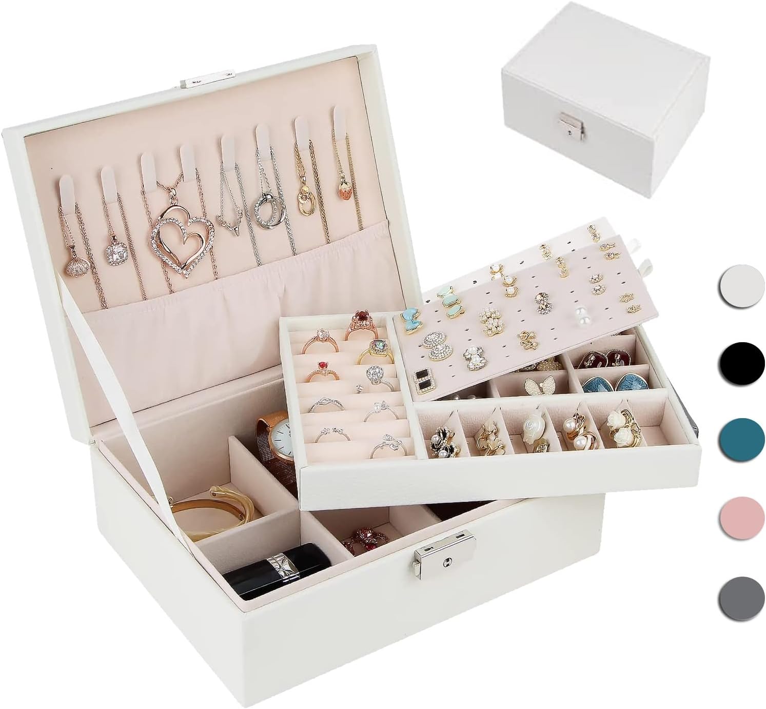 Homtibrm Jewellery Organiser Box for Women Girls, 2-Layer Large Jewelry Storage Case for Necklaces Rings Earrings Bracelets