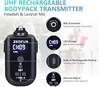 Vista 4 de Sistema de micrófono inalámbrico recargable de 4 canales Pro, auriculares de mano de metal UHF Lavalier Micrófonos de solapa inalámbricos