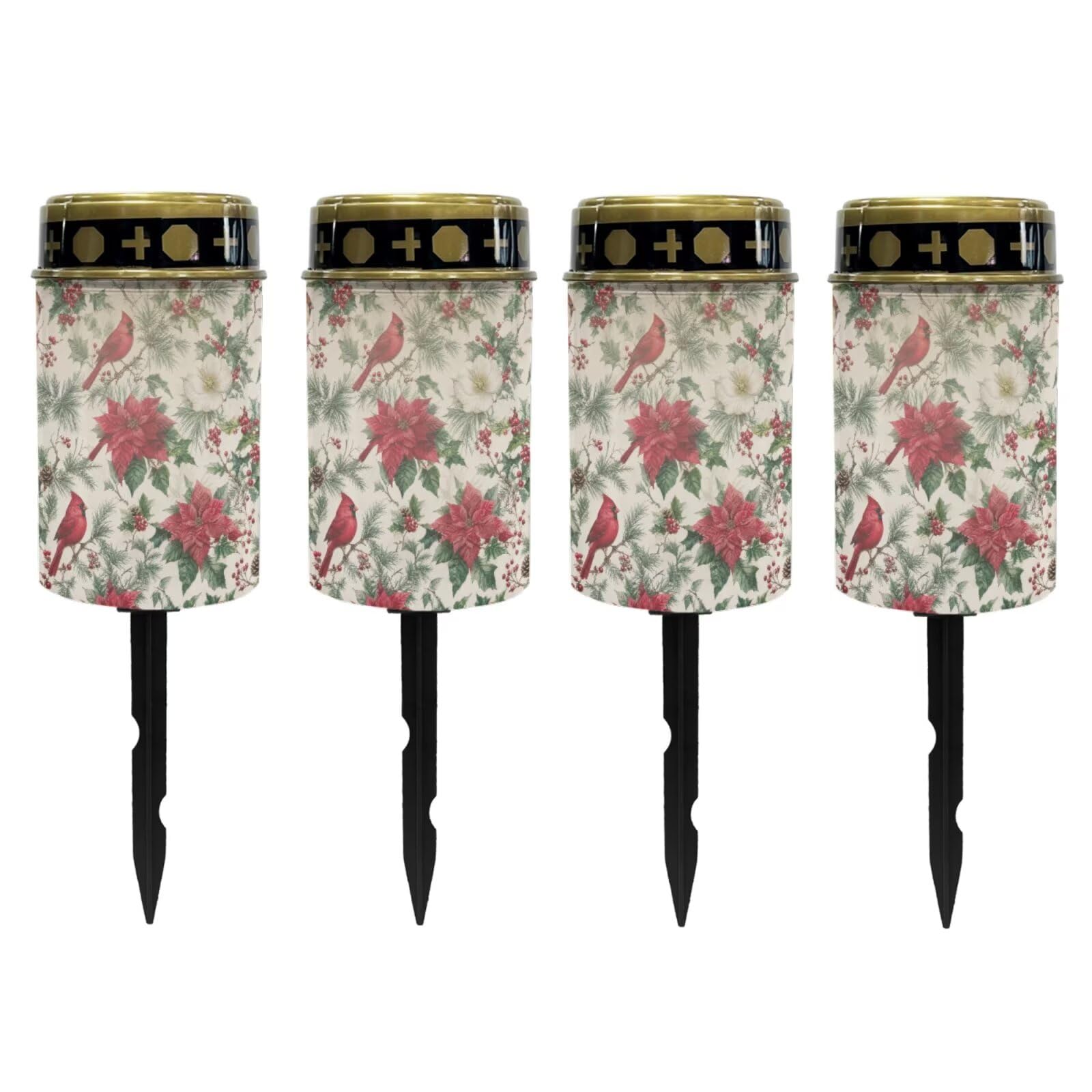 Poceacles Solar Lights Outdoor Waterproof Cemetery Solar Outdoor Candle Christmas Decoration Votive Candles for Winter Holiday Decor, Cardinal Bird Poinsettia Retro Beige, Pack of 4