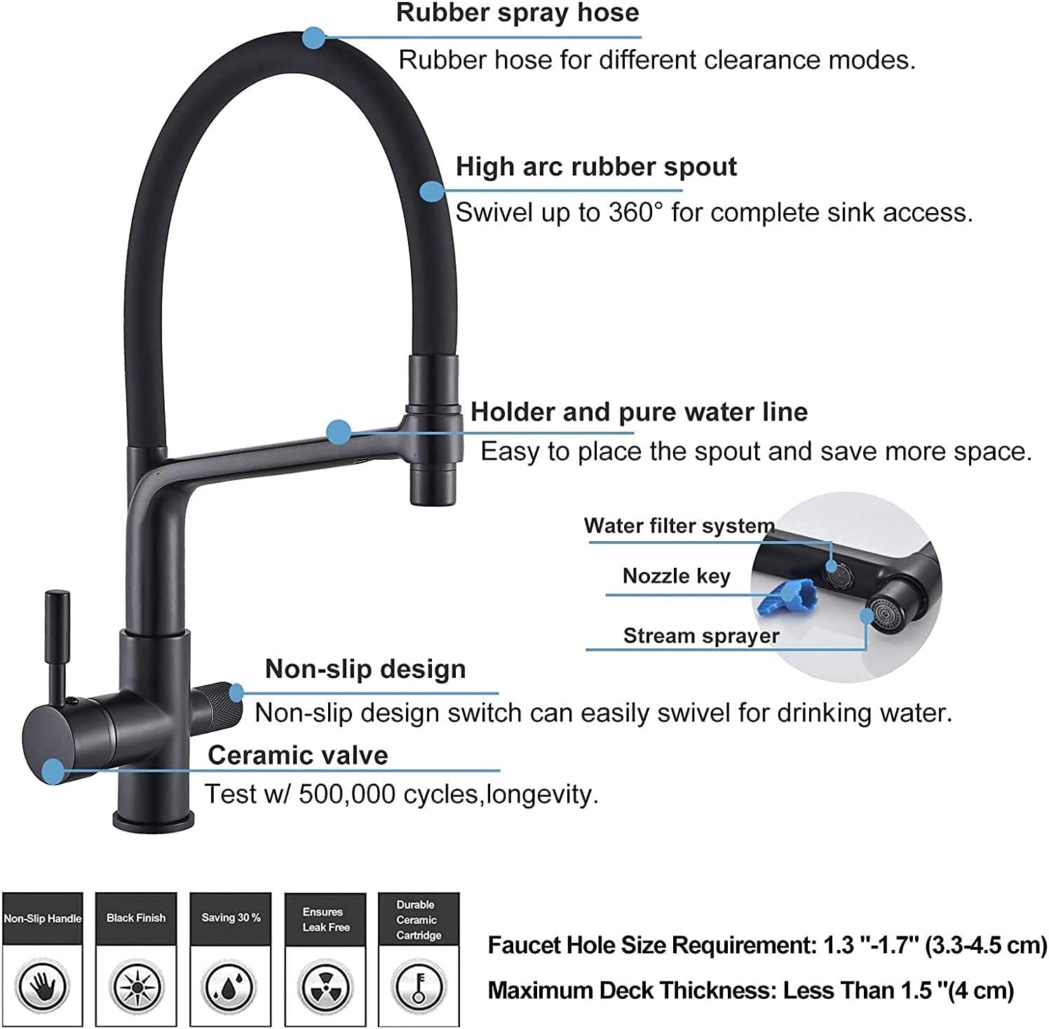 3-Way Kitchen with Hand Shower Black 2 Levers 3 in 1 Mixer 3 in 1 Tap for Drinking Water Brass Kitchen with 360 ° Swivel Shower