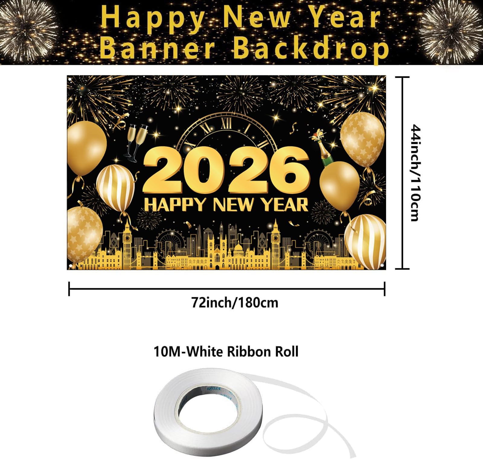 New Years Eve Decorations 2026, Happy New Year Banner 2026, Extra Large Black Gold Fireworks Balloon Background - Image 2