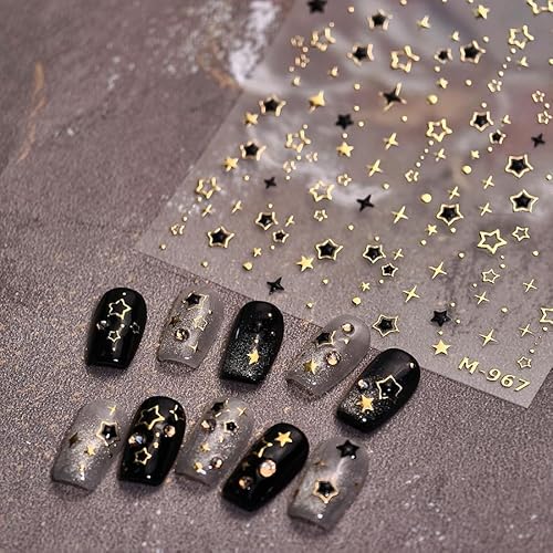Nail Art Stickers 5D Embossed Cute Nail Stickers, Self-Adhesive Nail Decals for Women Girls DIY Nail Supplies Nails Art Decoration (Cute, Gold Star)