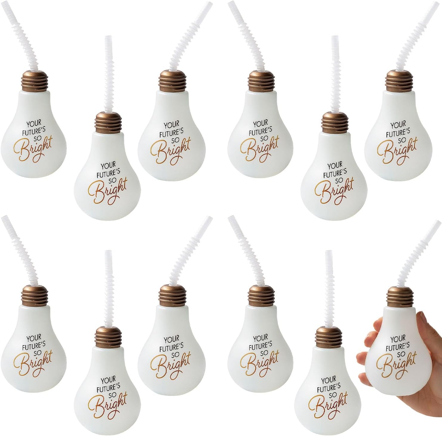Fun Express 12 Pieces Grad Lightbulb Cups with Lids & Straws, Holds 14 oz, BPA Free Plastic, Party Supplies, White