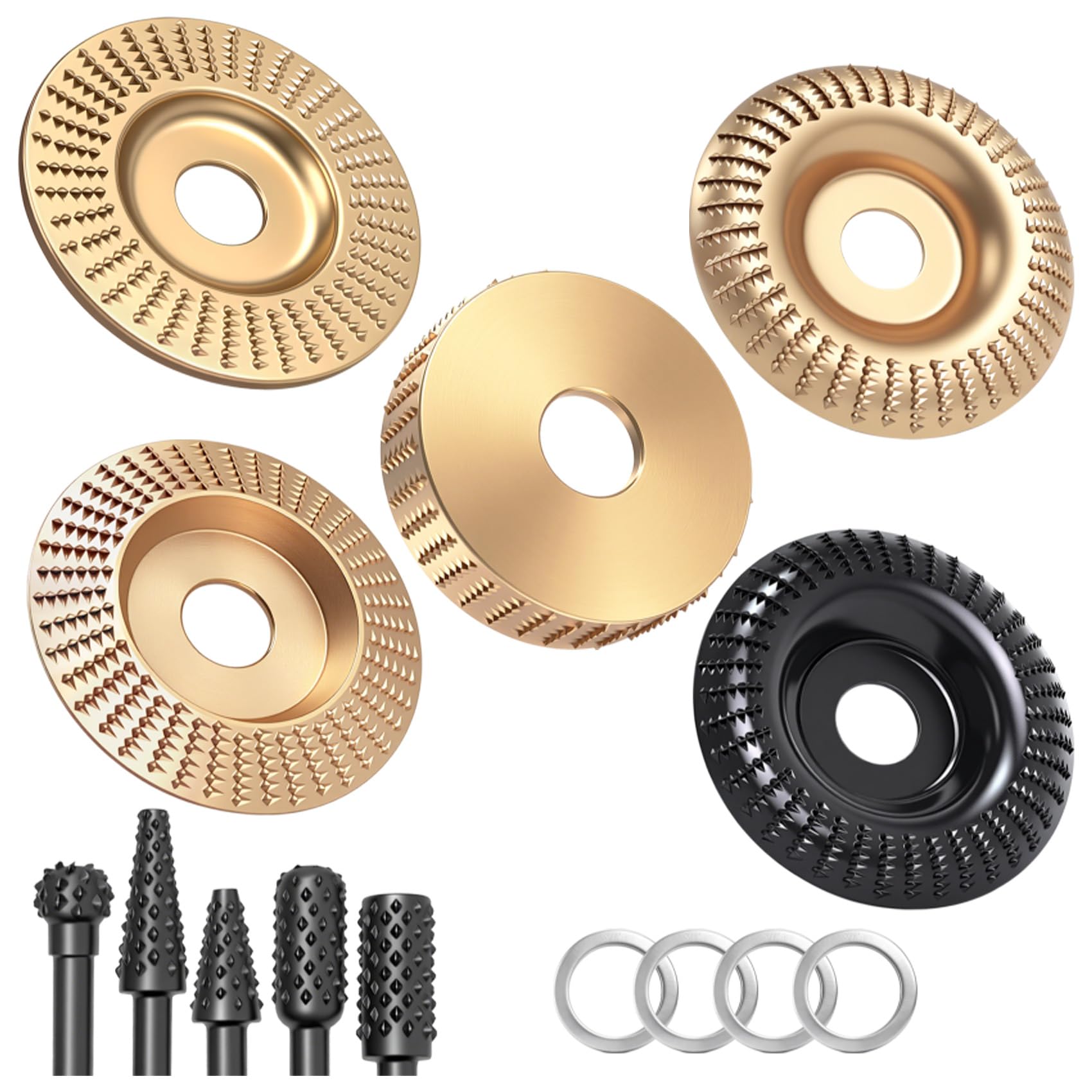 Photo 1 of 14 Pcs Angle Grinder Wood Carving Discs, Wood Grinding Wheel for 4" or 4.5" Angle Grinders, Equipped with Rotary Burr and 5/8" Adapter Rings, 45 Carbon Steel Chainsaw Carving Tools