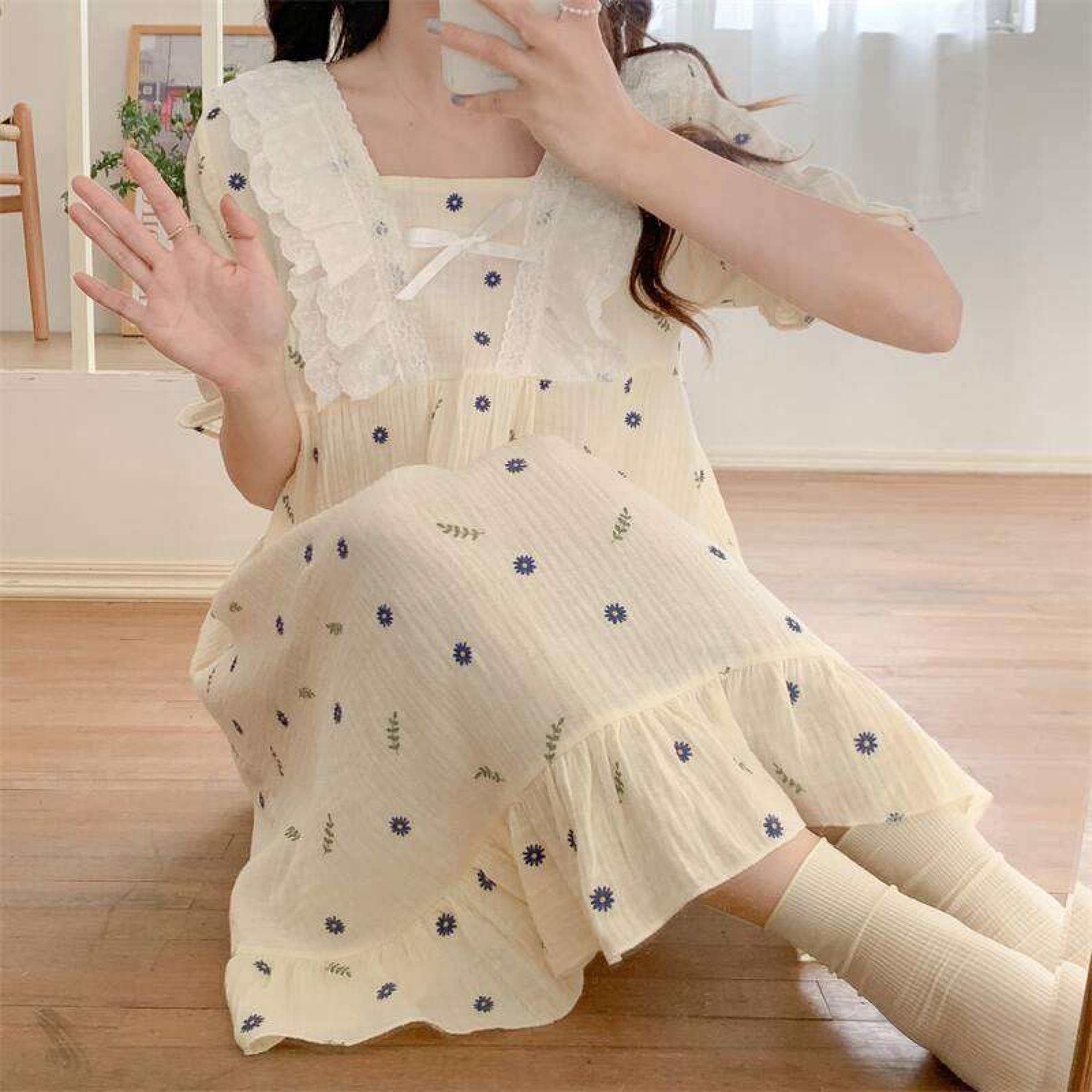 Damen-Nachthemd Aus Baumwoll-Jacquard, Loungewear – Sommer, Süßer Blumendruck, Spitze, Quadratischer Ausschnitt, Spitze, Kurzärmeliges Kleid, Schleifenknoten-Nachthemd, Homewear, Modisches Mädc