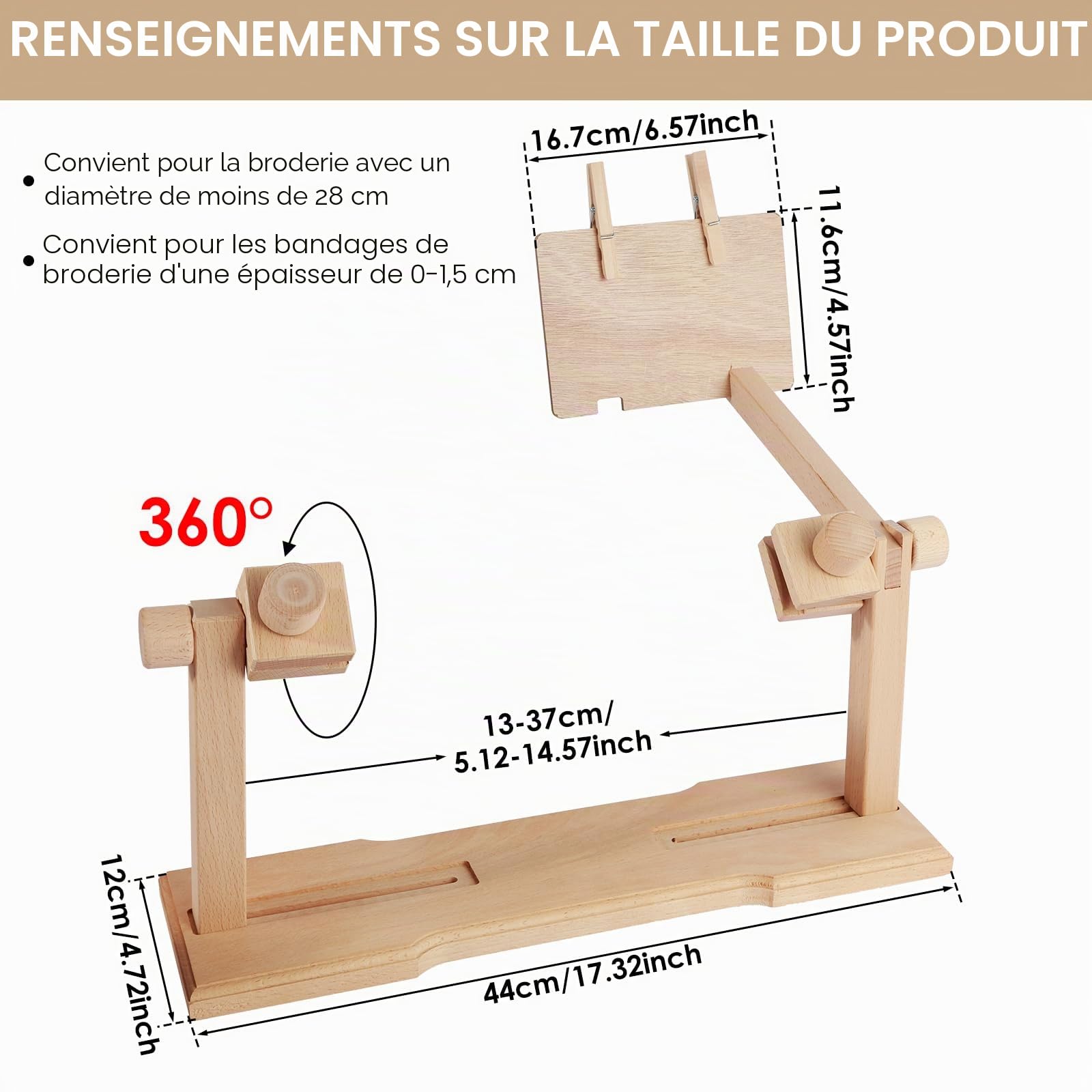 Support de cerceau de broderie réglable rotatif Porte-cadre de broderie rotation 360° Support de point de croix en bois de hêtre Support de broderie mains libres pour travaux manuels