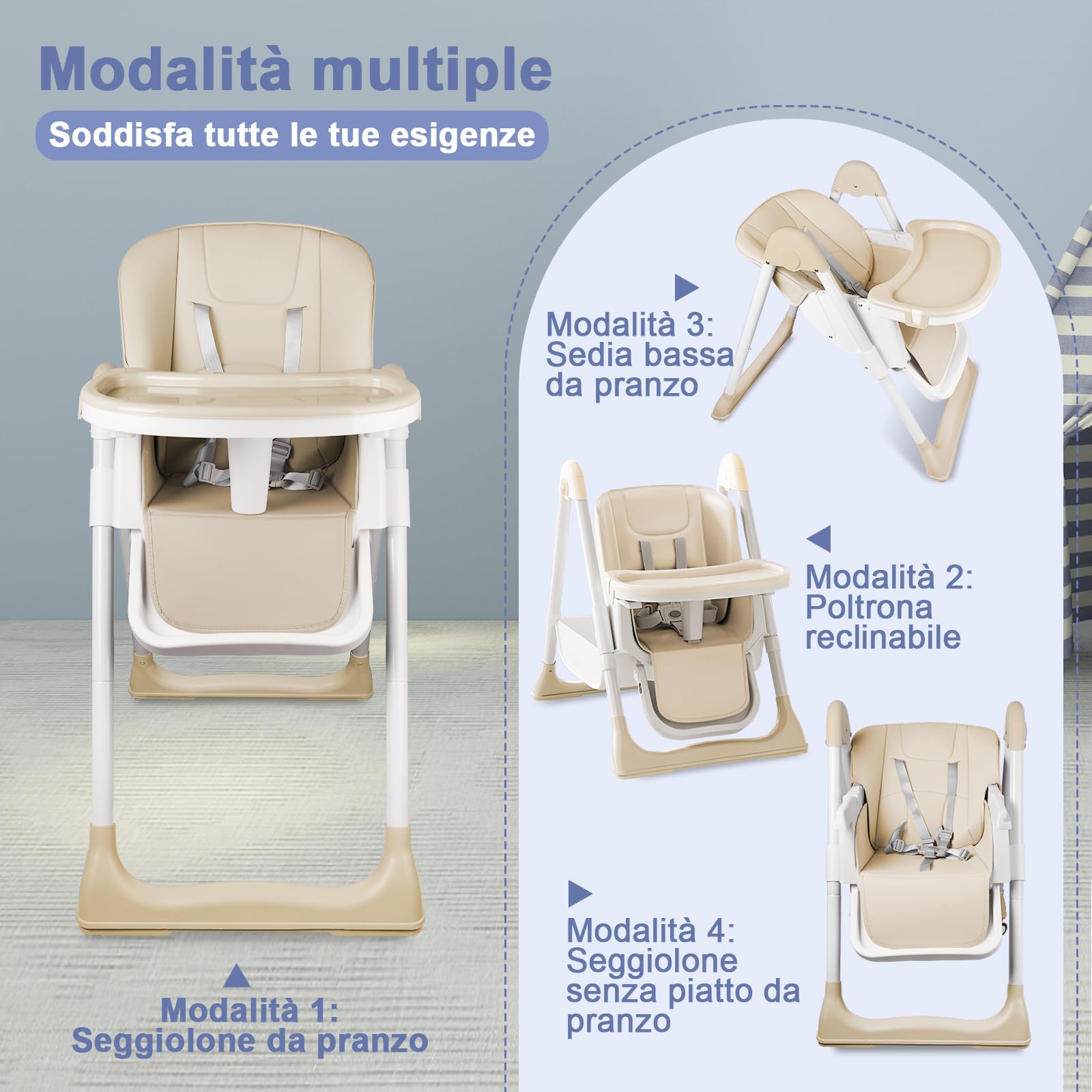 Seggiolone Pappa Portatile, Seggiolone Evolutivo con Vassoio Doppio Rimovibile, 4 Posizioni di Reclinazione e 5 Posizioni di Altezza Seggiolone per Bambini da 6-36 mesi, Beige 01