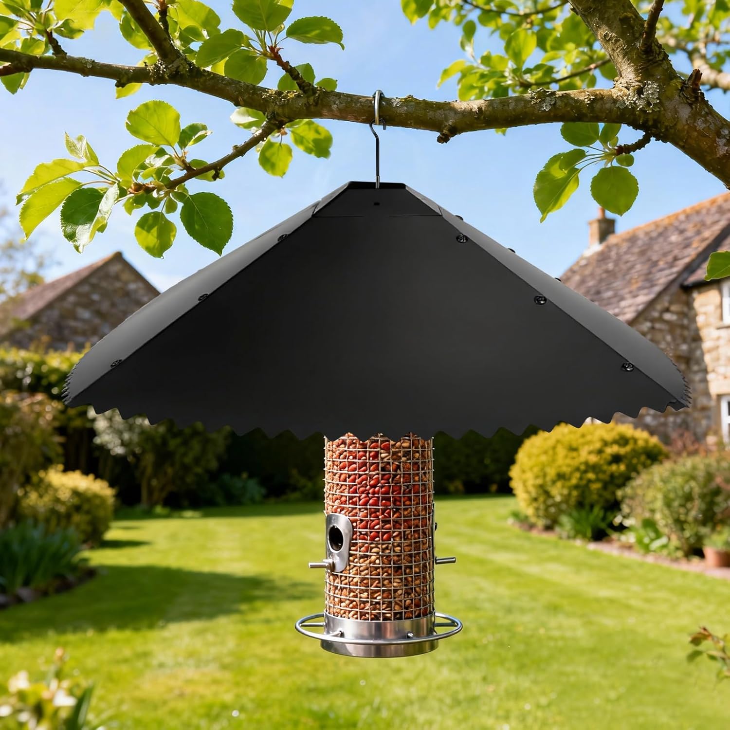 19-Inch Metal Squirrel Baffle for Bird Feeder Pole, Hanging or Post Mount, Squirrel Guard for 4x4 Post, Raccoon Baffle with Spikes, Black