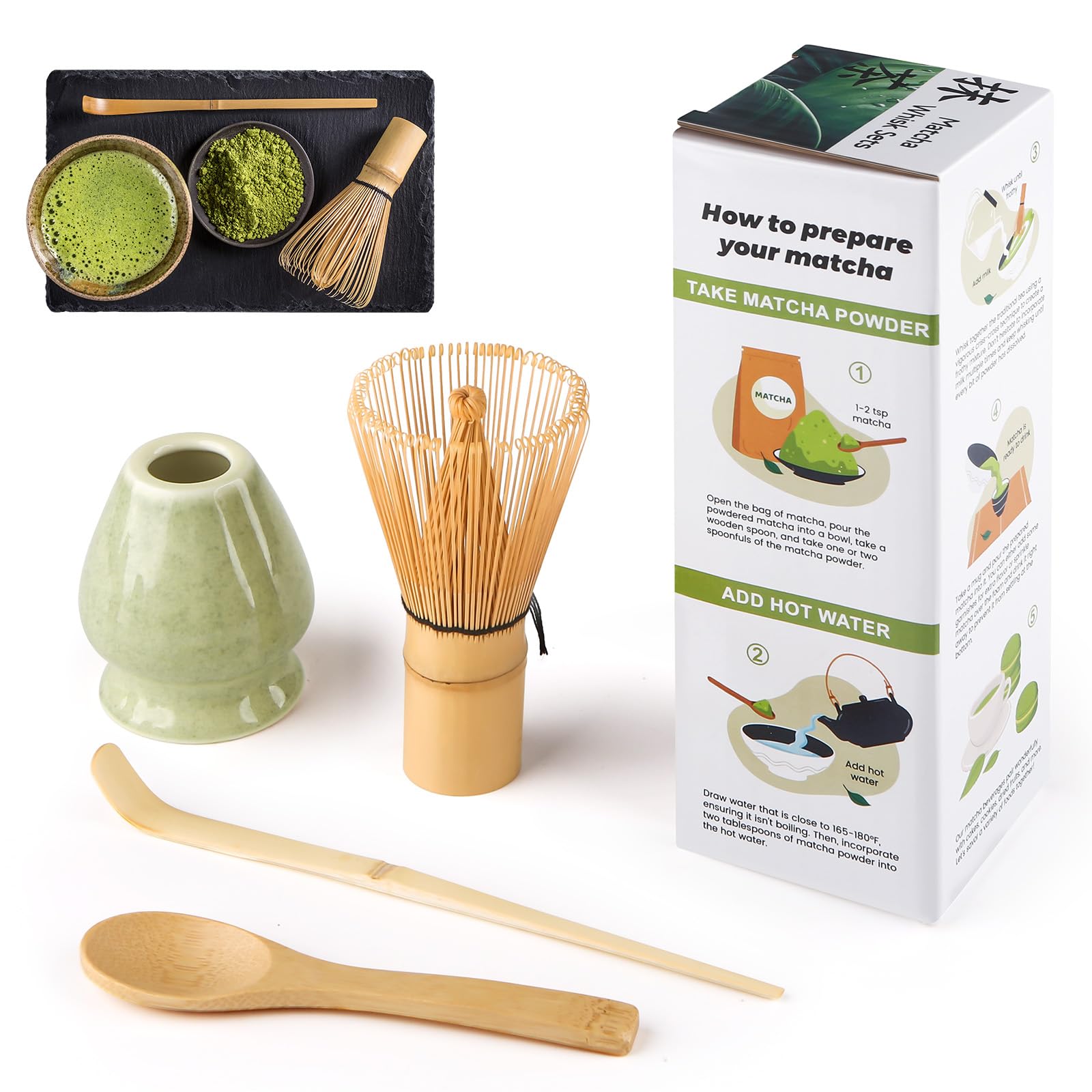 Nsemble Fouet À Thé Vert Matcha De Qualité Supérieure En Bambou Naturel - Outil De Préparation