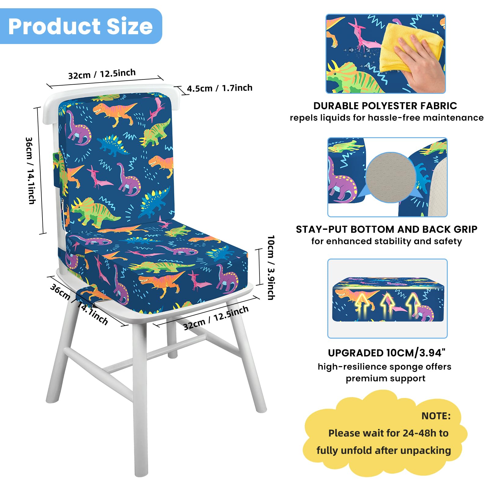Trona de Viaje, Antideslizante Alzador Silla para Niños Comer con Respaldo para Bebe, 3 Correas Ajustables Lavable Asiento Elevador 36 x 32 x 10 CM - Dinosaurio (Azul Oscuro)