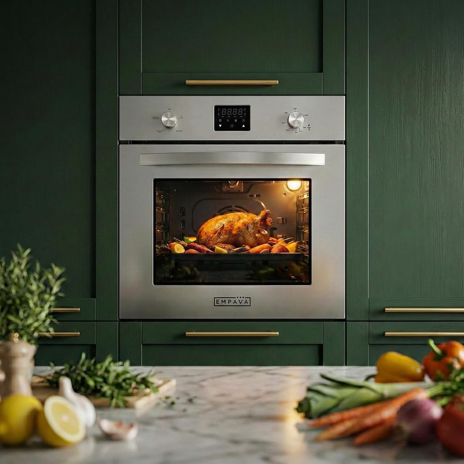 Empava 24 Inch Natural Gas Single Wall Oven with 5 Cooking Modes, Convection Fan and Rotisserie, Knob Control and Digital Display, Stainless Steel
