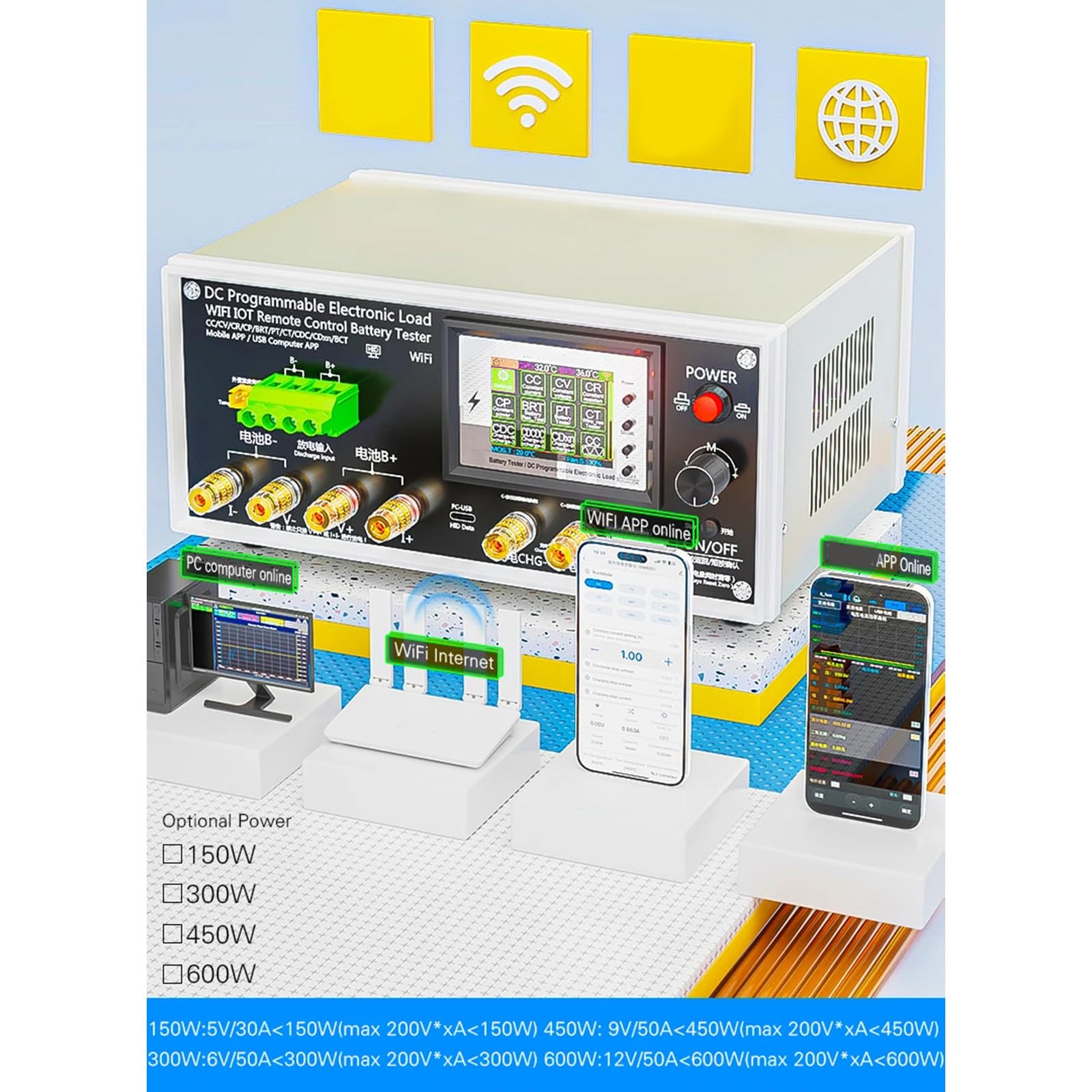 Monitor de capacidad de batería Medidor de carga electrónico de precisión con pantalla para batería de litio y ácido Probador de carga electrónico programable WiFi para prueba de capacidad de