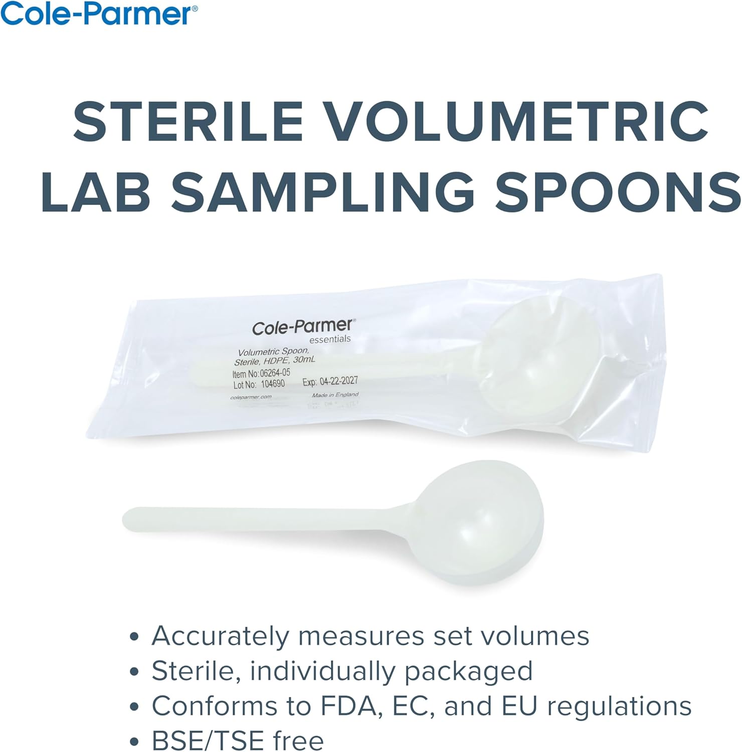 Cole-Parmer Sterile Volumetric Lab Sampling Spoons, HDPE, HDPE, 5 mL (0.17 oz); 100/PK
